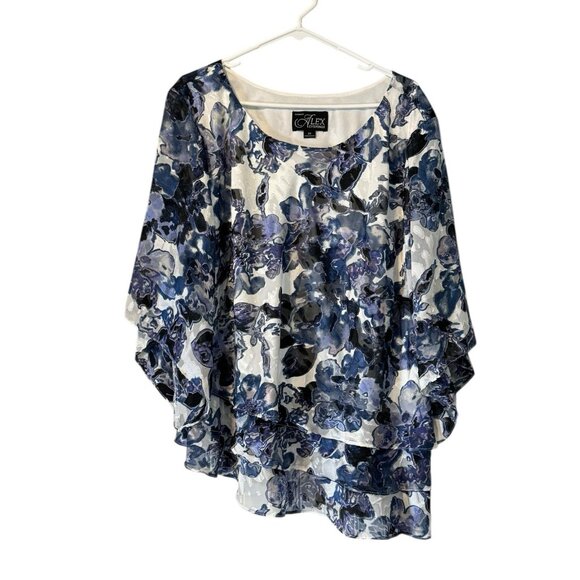 NWT ALEX EVENINGS Blue White FLORAL TIERED‎ BLOUSE WOMEN PLUS SIZE 3X Wedding - Picture 1 of 14